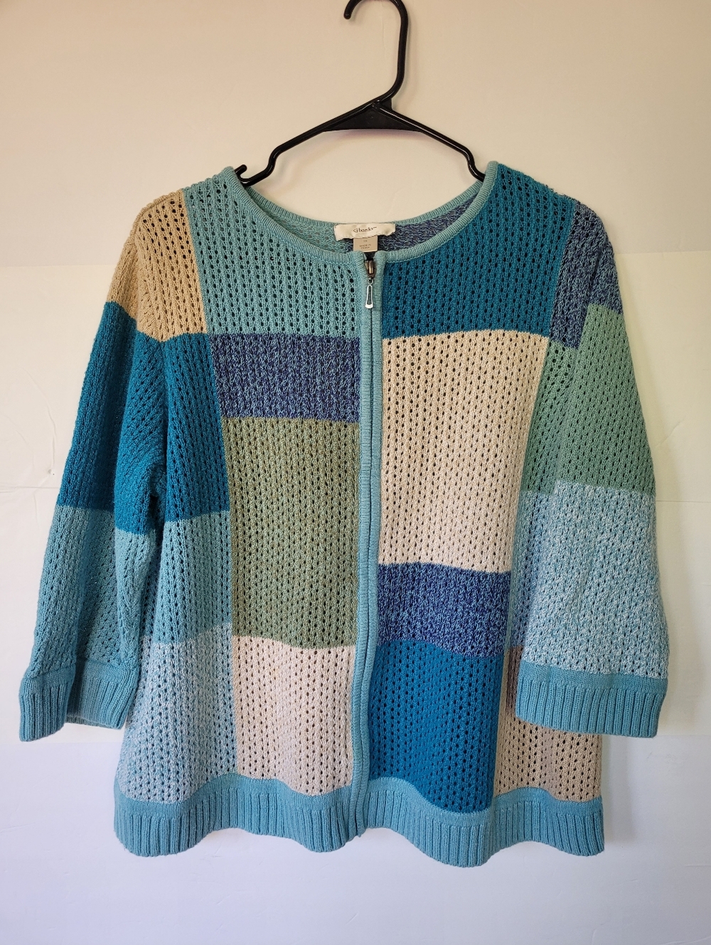 Cj. Banks Womens Patchwork Open-Knit Zip Front Sweater Cardigan - Aqua ColorSize